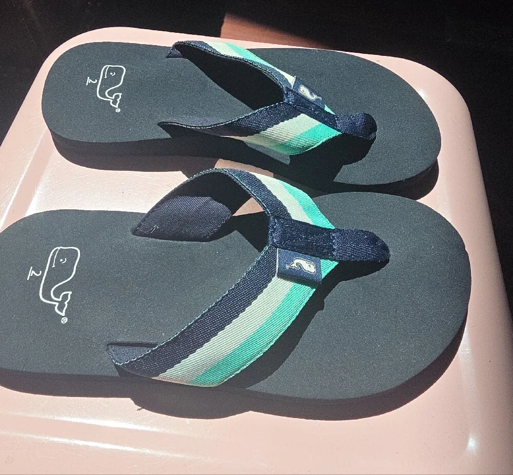 Vineyard Vines Navy Flip Flops with Mint and Green Stripes